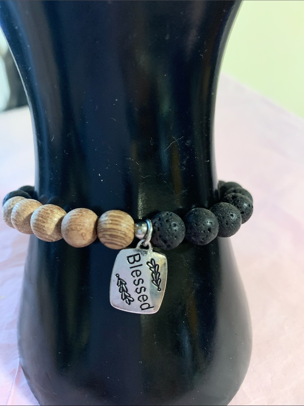Blessed Lava Stone and Wood Bead Bracelet - Black & Natural